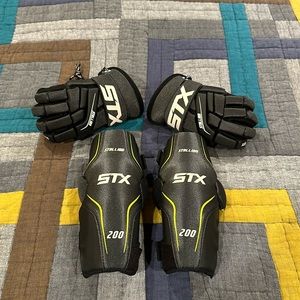 STX youth x-small lacrosse elbow pads and gloves